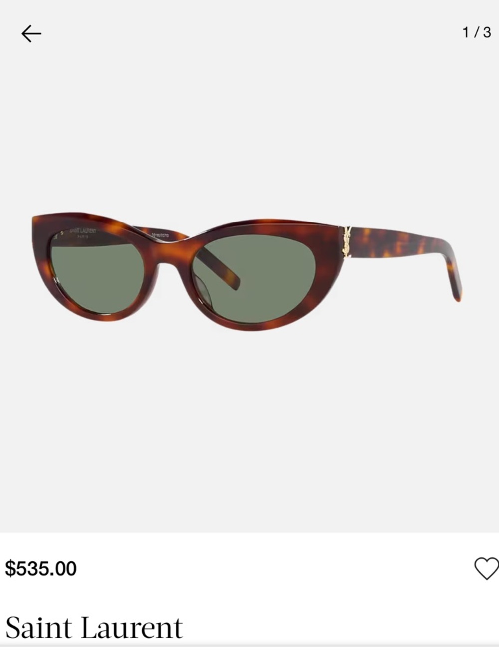 Saint Laurent Tortoiseshell Cat-Eye Sunglasses with Green Lenses and Gold Accent